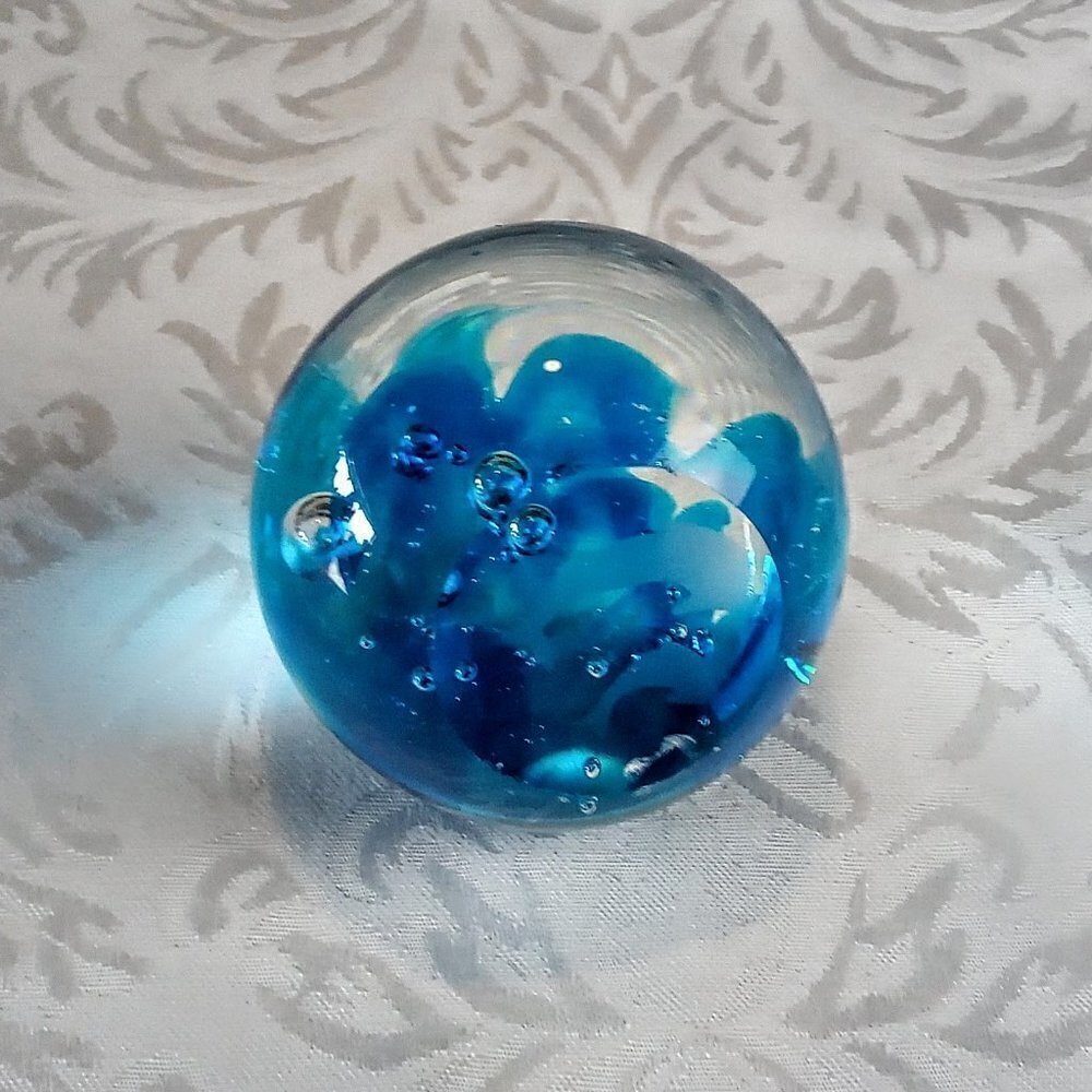 Dolphin Etched Blue Art Glass Bubble Paperweight